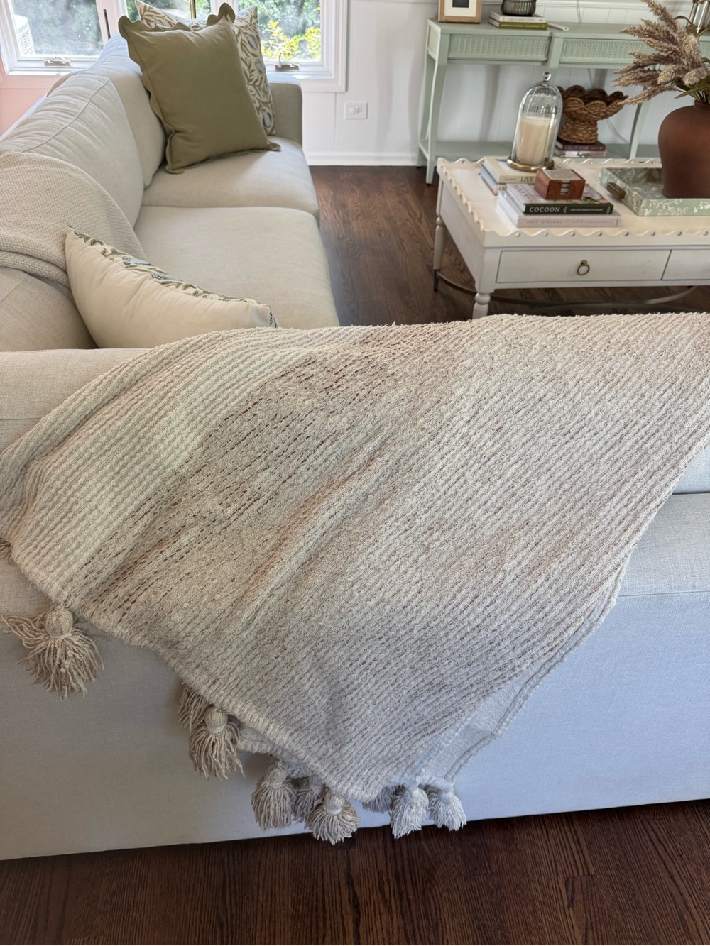 Rachel Zoe Cream Tassel Knit Throw Blanket